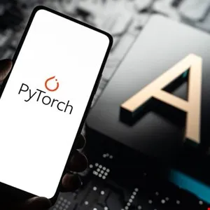 A hand holds a phone displaying the PyTorch logo, with an 'AI' block in the background.