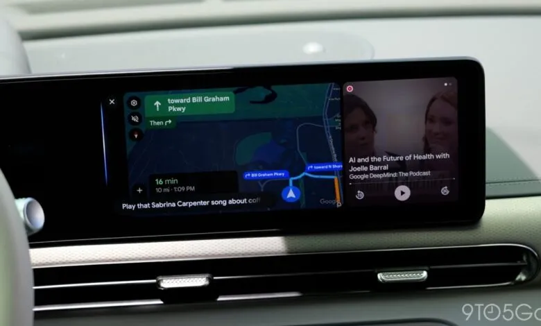 Car dashboard display showing navigation and podcast app side-by-side.