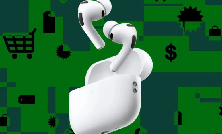 Apple AirPods Pro 2nd generation with charging case on green background.