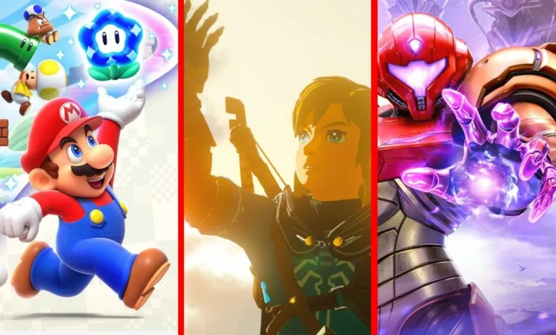 Video game collage featuring Mario, Link, and Samus Aran.