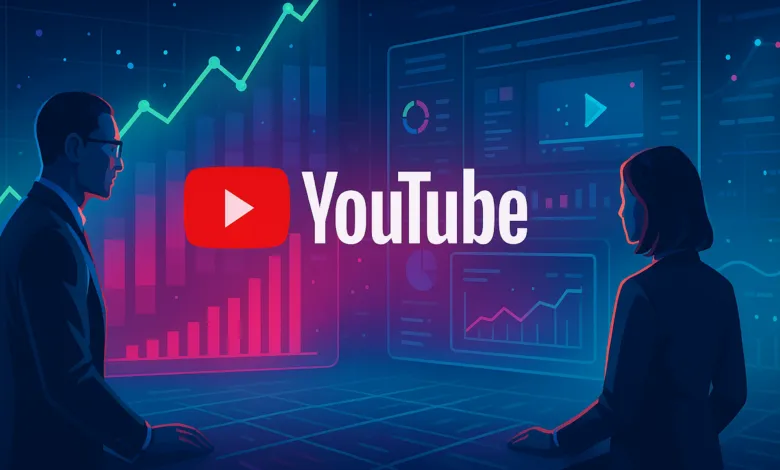 Two people analyze YouTube data on a screen with charts and graphs.