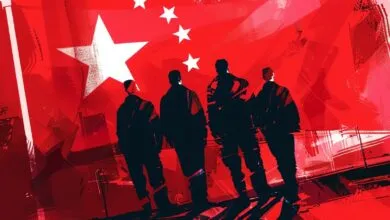 Silhouetted figures stand before a stylized Chinese flag backdrop.