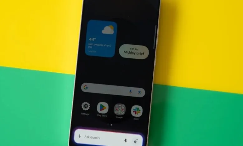 Smartphone displaying home screen with weather, apps, and Google search bar.