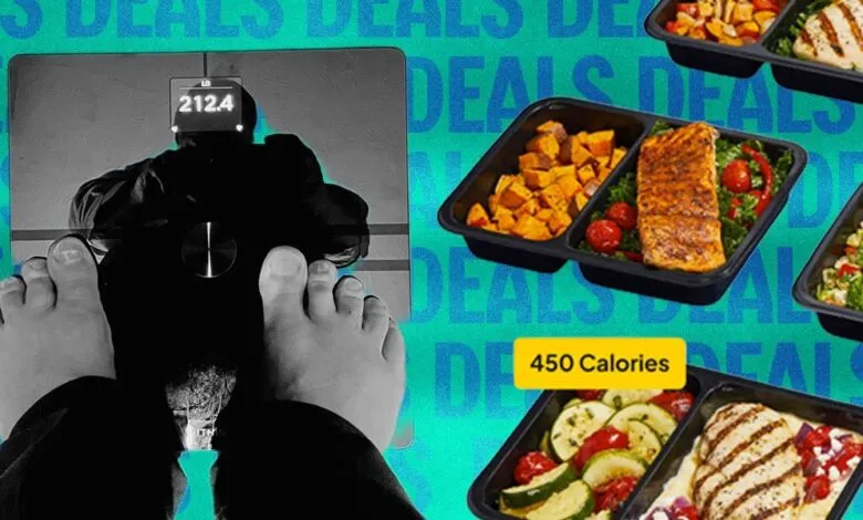 Person on scale with meal kits, promoting healthy eating.