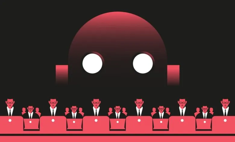 Stylized image of workers at laptops under a large robot head.