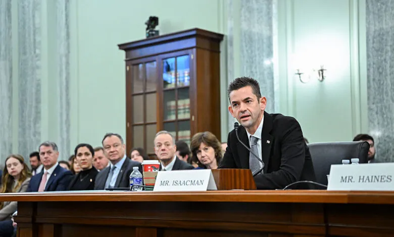 Jared Isaacman testifies at Senate hearing, addressing committee.