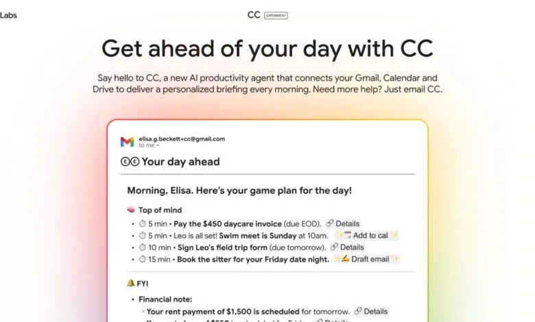 Screenshot of Google Labs' CC, an AI productivity agent, showing a personalized daily briefing.