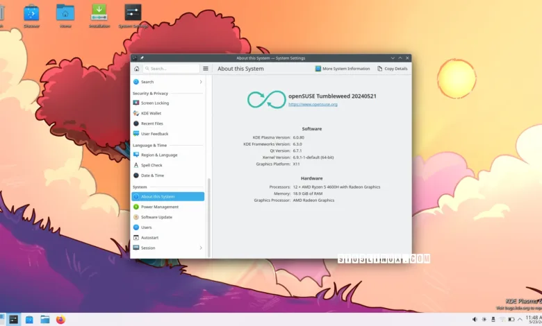 Screenshot of KDE Plasma desktop environment running on openSUSE Tumbleweed.