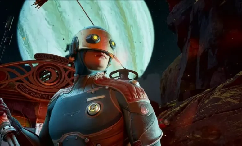 Character in futuristic suit stands before a large planet.