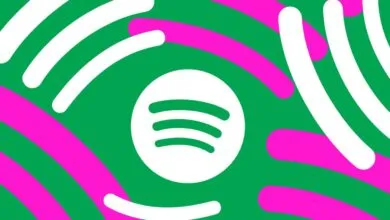 Spotify logo on green background with pink and white curved lines.