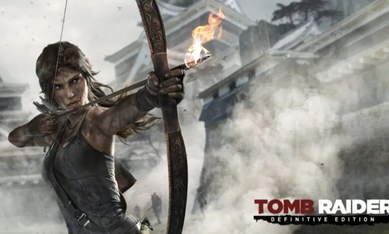 Lara Croft aims a flaming arrow with a determined look, castle backdrop.