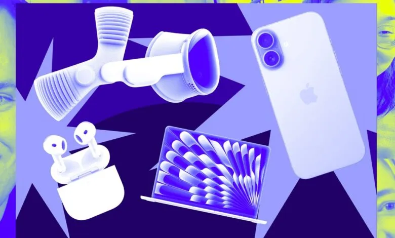 Tech gadgets: VR headset, earbuds, laptop, phone, with people's faces on the sides.