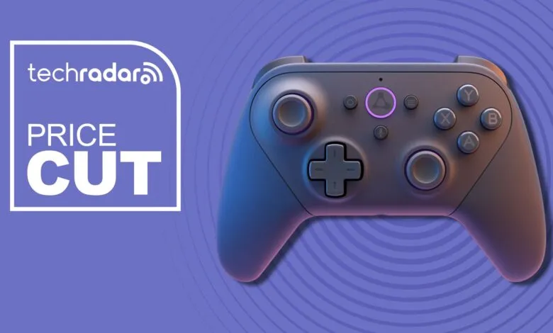 Purple game controller with TechRadar 'Price Cut' graphic on a purple background.