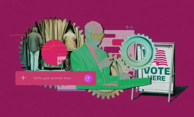 Collage of voting elements: booths, ballot box, AI prompt, and 'Vote Here' sign.