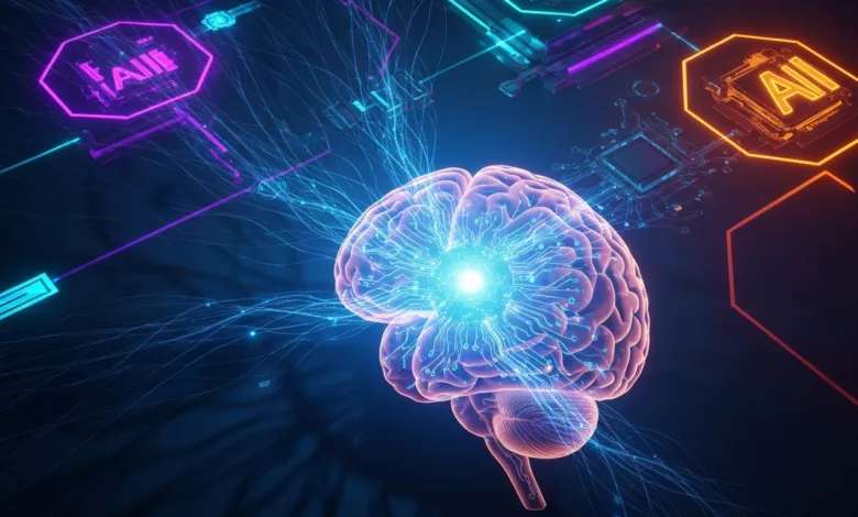 Glowing brain connected to AI network, symbolizing artificial intelligence.
