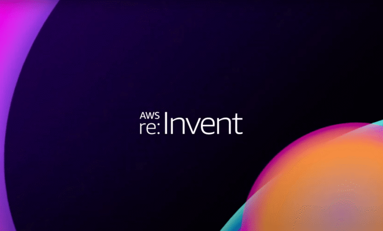 AWS re:Invent logo on dark background with colorful abstract shapes.