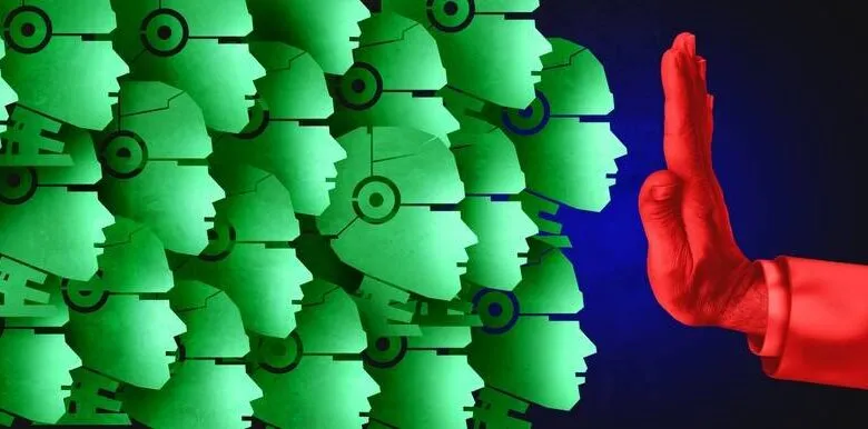 Red hand stopping a crowd of green robot heads, symbolizing AI resistance.