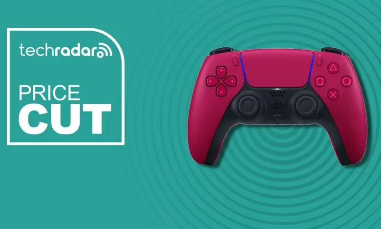 Crimson Red PlayStation 5 DualSense controller on teal background.