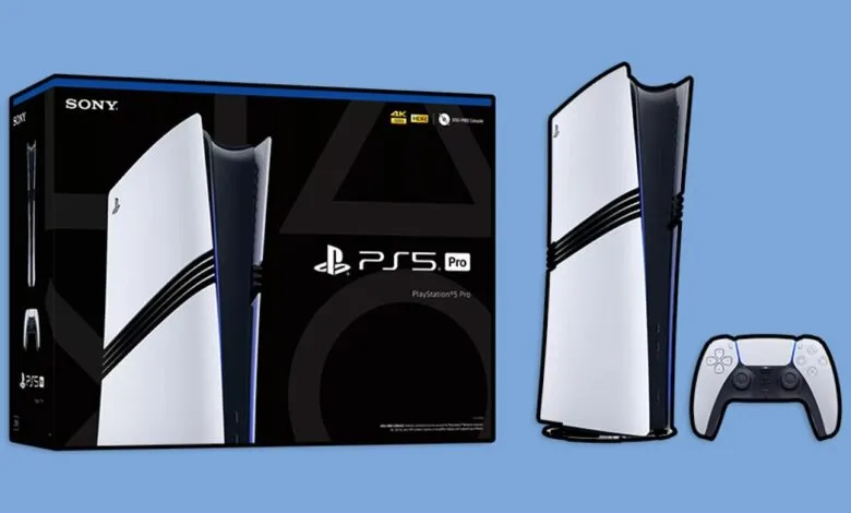 PlayStation 5 Pro console and controller with retail box on blue background.