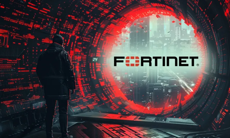 Person looks at Fortinet logo over futuristic city through a data tunnel.