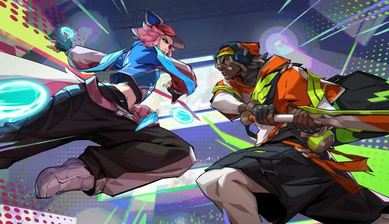 Two stylized characters face off in a dynamic, colorful scene.
