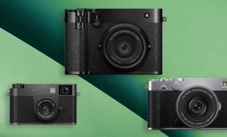 Three Fujifilm cameras in black and silver on a green background.