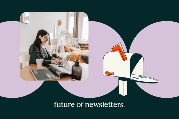 Woman works on laptop at table with magazine, next to a mailbox illustration.
