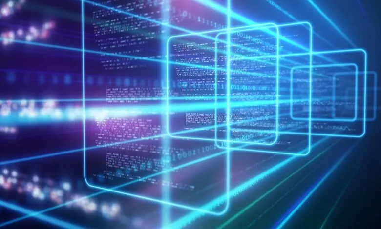 Abstract digital rendering of code and data streams with glowing squares.