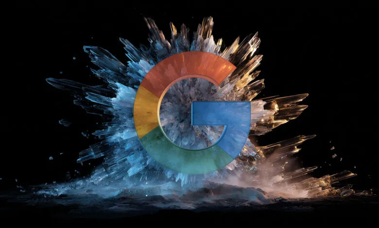 Google logo surrounded by ice shards on a dark, textured background.