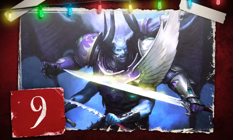 Fantasy character with horns and wings holding a glowing sword, number 9 in corner.