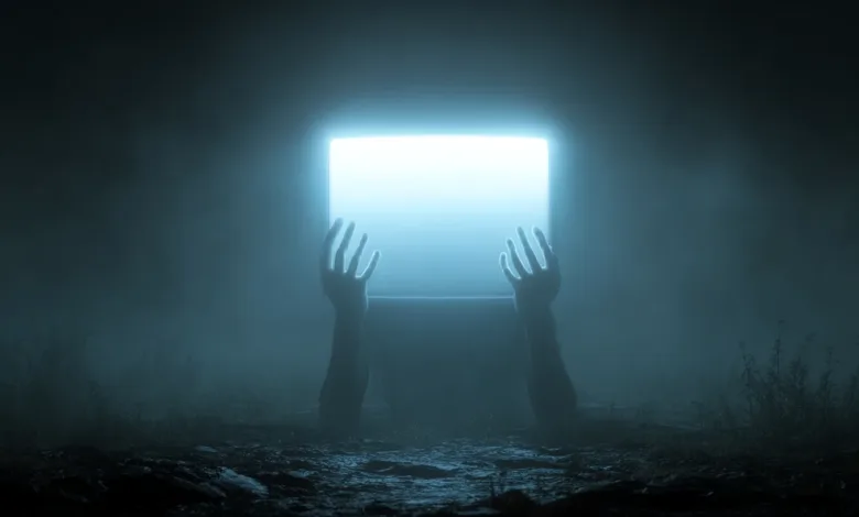 Person holding glowing screen in dark, foggy landscape.