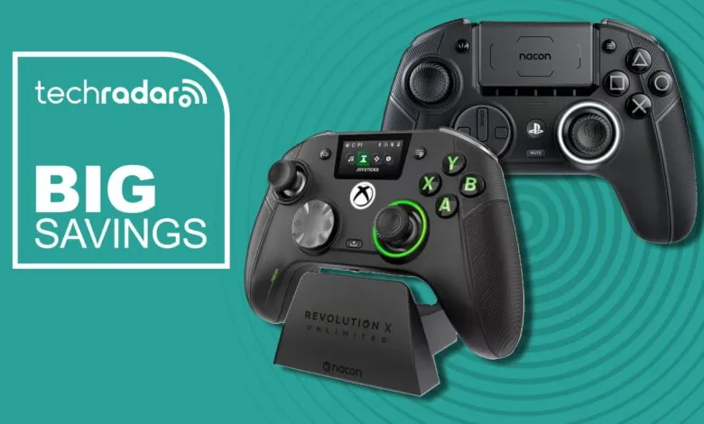 Two Nacon gaming controllers, one on a stand, against a teal background.