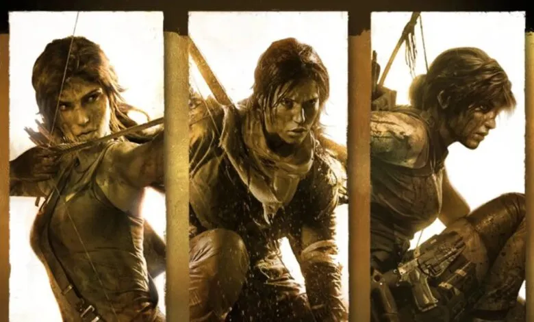 Triptych of Lara Croft in action poses, gritty and determined.