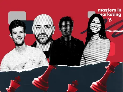 Four smiling marketers against a red background with chess piece accents.