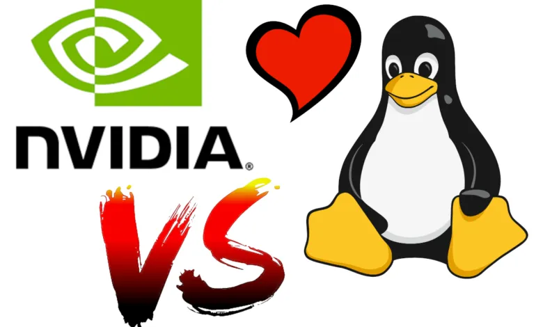 Nvidia versus Linux, represented by logos and a heart.