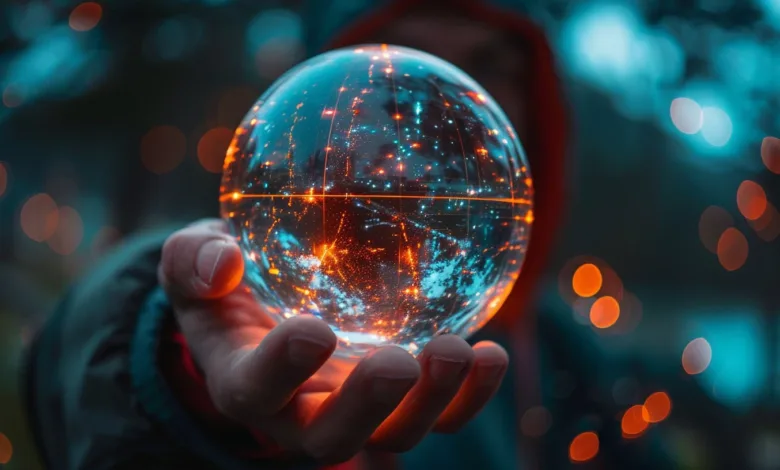 Person holding a glowing crystal ball with orange and blue lights.