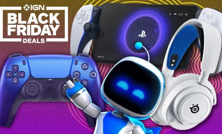 IGN Black Friday deals featuring PS5 accessories: controller, headset, and console.