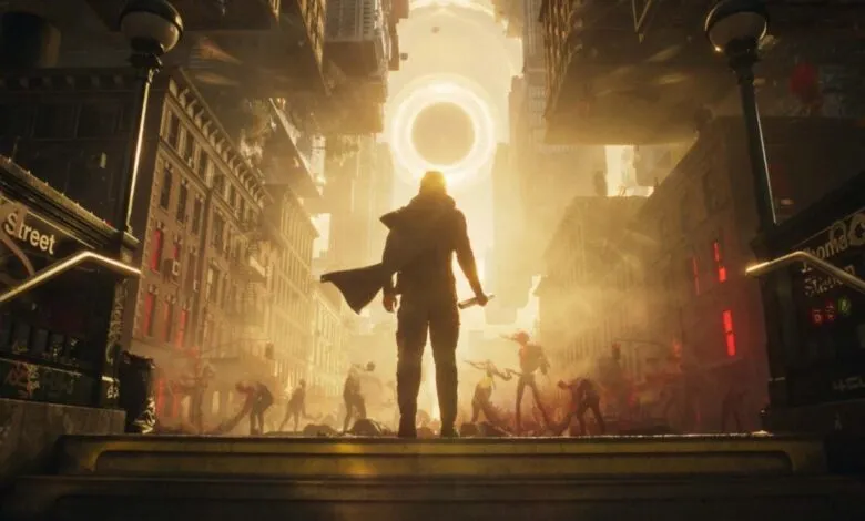 Silhouette of a figure standing before a glowing portal in a city.