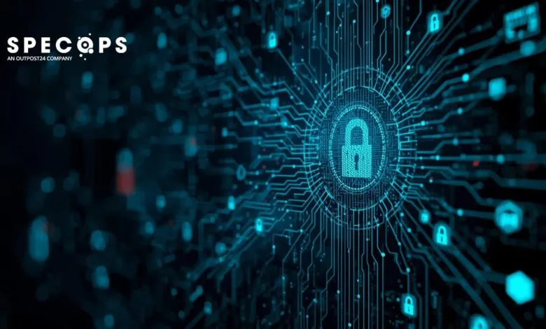 Cybersecurity concept: padlock on a circuit board background.