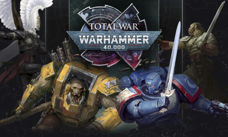 Total War Warhammer 40,000 artwork featuring diverse factions in battle.