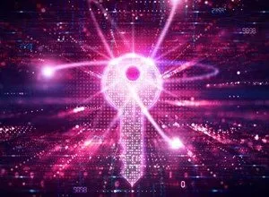 Abstract digital key with atom symbol, glowing pink and purple on a grid background.