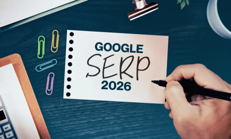 Google SERP 2026 written on notepad with office supplies.