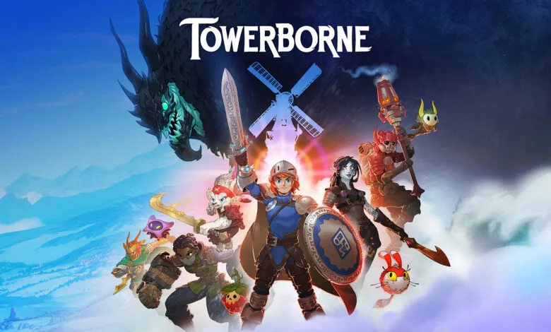 Towerborne game art featuring diverse characters and a dragon against a mountain backdrop.