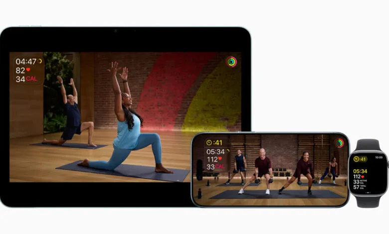 Apple devices showing Fitness Plus: iPad with yoga, iPhone with strength, and Apple Watch.