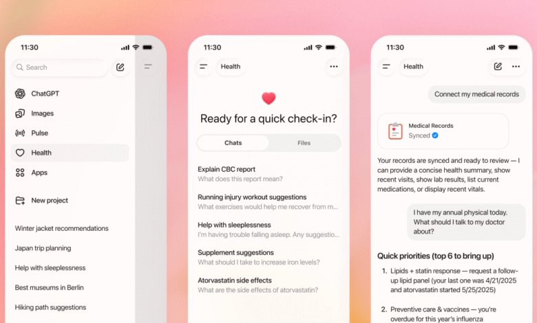 Screenshots of ChatGPT health features on a mobile phone interface.