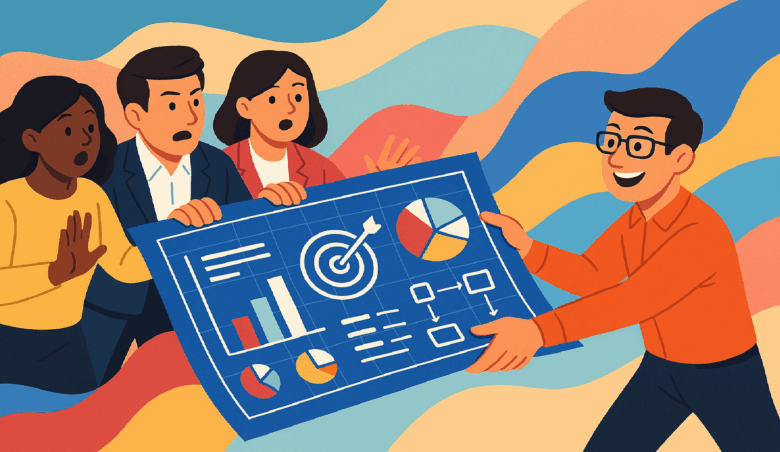 Team reacts to blueprint with charts, graphs, and target icon.