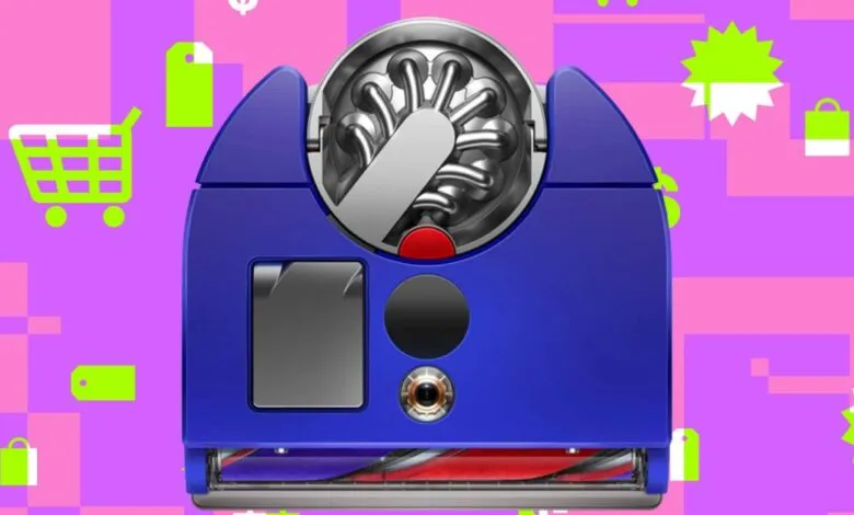 Dyson 360 Vis Nav robot vacuum on a shopping-themed background.