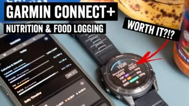 Garmin Connect+ nutrition and food logging displayed on phone and watch.