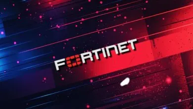 Fortinet logo on a dynamic red and blue abstract background.