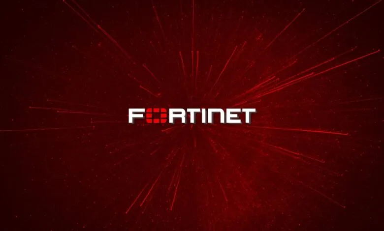 Fortinet logo in white on a red background with radiating lines.